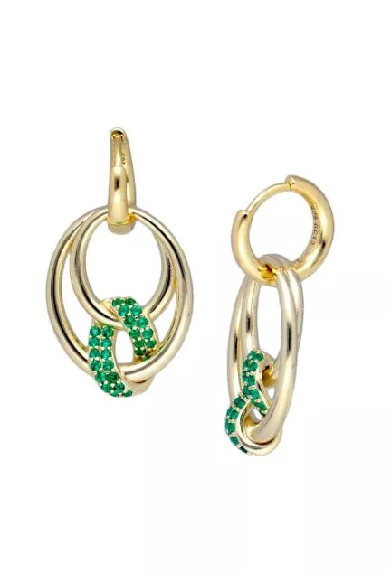 pendientes largos plata chapada con piedras de color verde esmeralda vista frontal y lateral