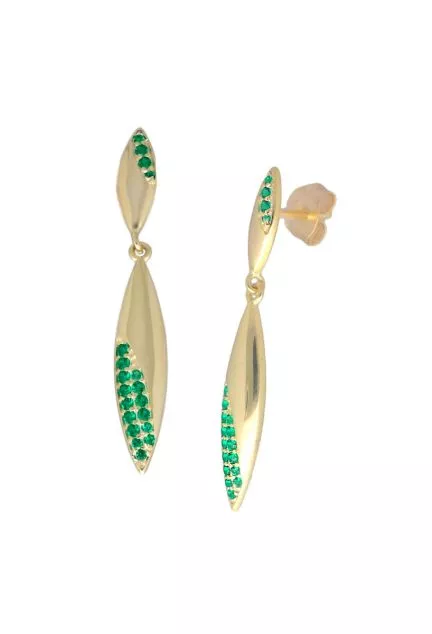 pendientes largo de plata chapada con piedras verdes toma frontal y lateral