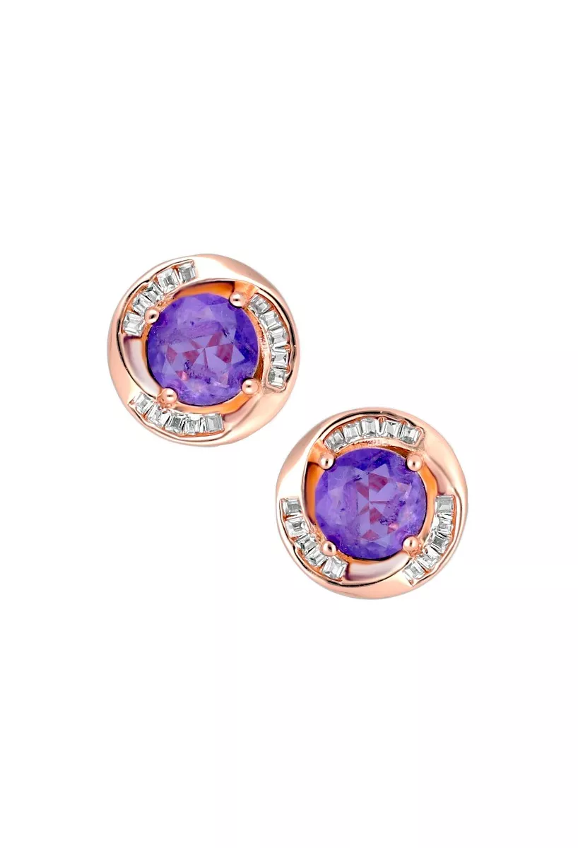 pendientes de plata chapada en color oro rosa con amatista y circonitas foto toma de frente