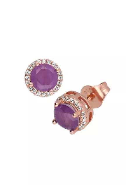 pendientes plata chapada IP rosa con circonitas y amatistas foto frontal y lateral