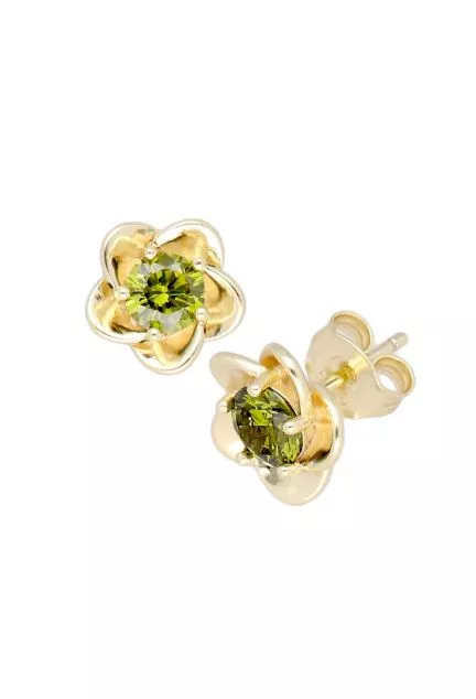 pendientes de plata chapada en color oro amarillo con olivina central fotografia frontal y lateral