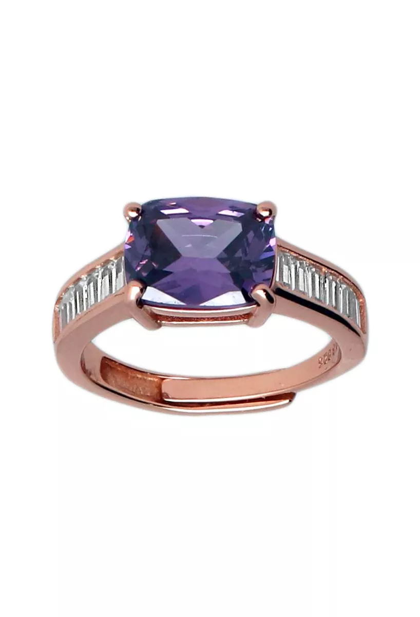 Anillo de plata IP rosa con símil cuarzo amatista y circones 252_BR13810-ROJ-AM