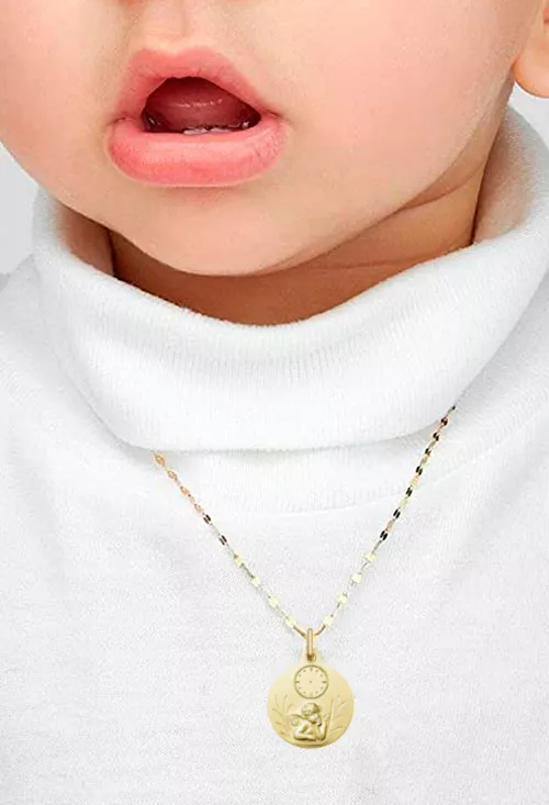 medalla oro amarillo 18 ktes angel de la guarda con reloj vista modelo