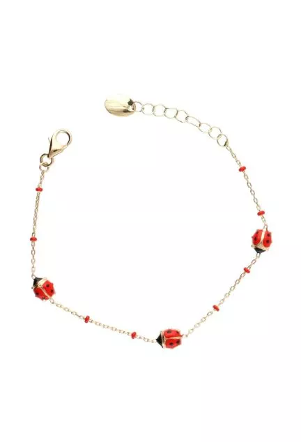 Pulsera bebé oro 18k con mariquitas esmaltadas foto cenital