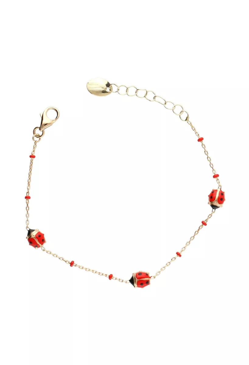 Pulsera bebé oro 18k con mariquitas esmaltadas foto cenital