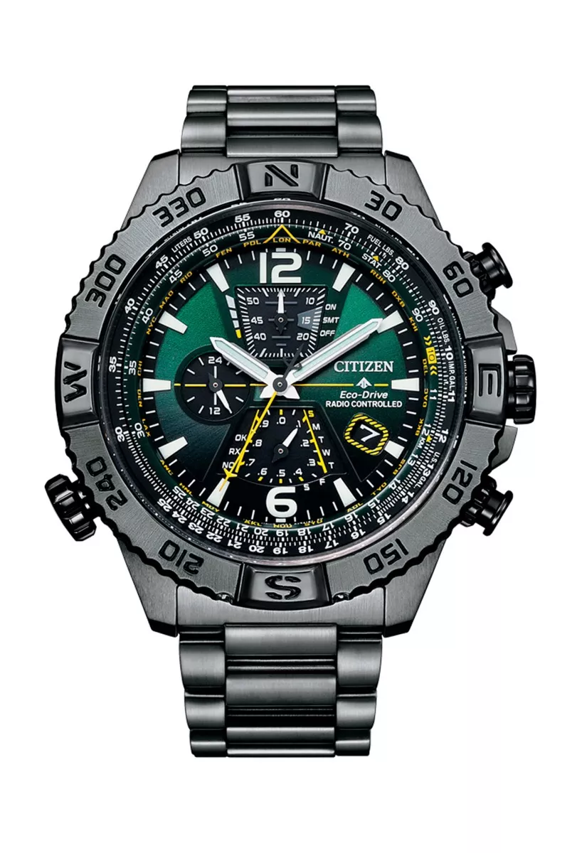 Reloj Citizen cronografo en acero pavonado, radio controlado y eco-drive AT8227-56X