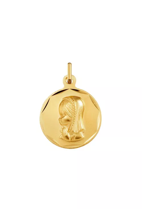 Medalla oro amarillo 18 ktes virgen niña vista frontal