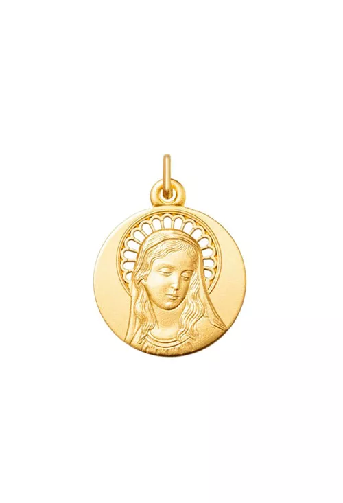 Medalla oro amarillo 18 ktes virgen maria vista frontal