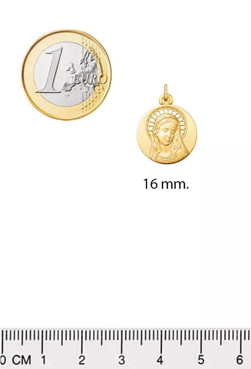 Medalla oro amarillo 18 ktes virgen maria vista con medidas