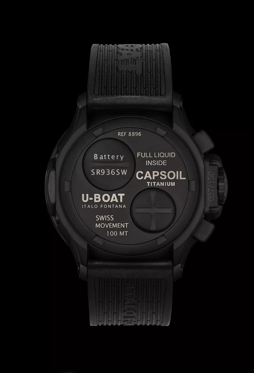 Reloj U-Boat Capsoil cronógrafo Titanio DLC negro correa de caucho 8896 trasera