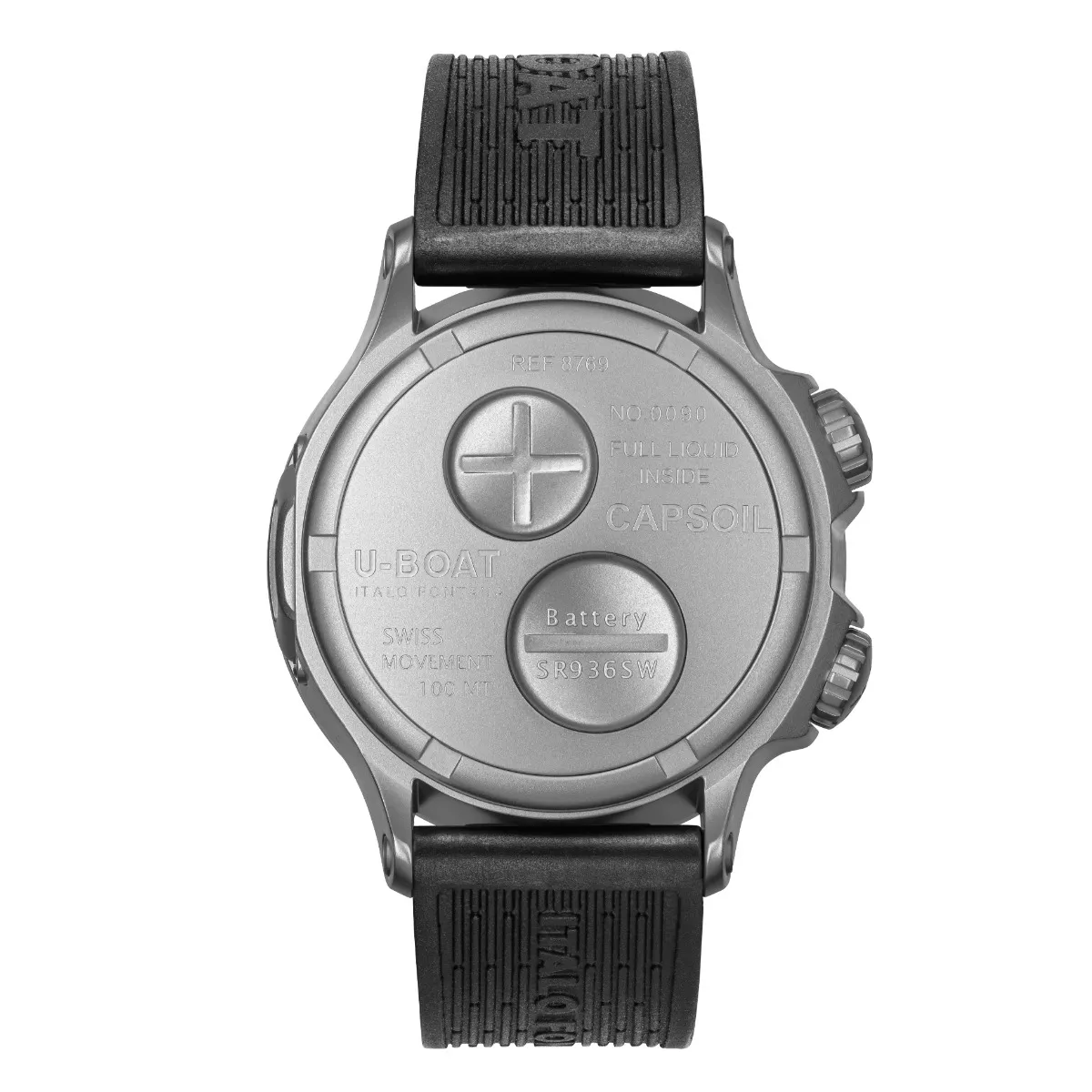 Reloj U-Boat Capsoil Doppiotempo con caja acero y correa de caucho, esfera negra 8769 tra bl