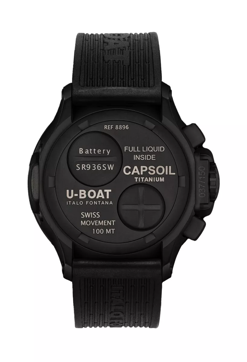 Reloj U-Boat Capsoil cronógrafo Titanio DLC negro correa de caucho 8896 trasera