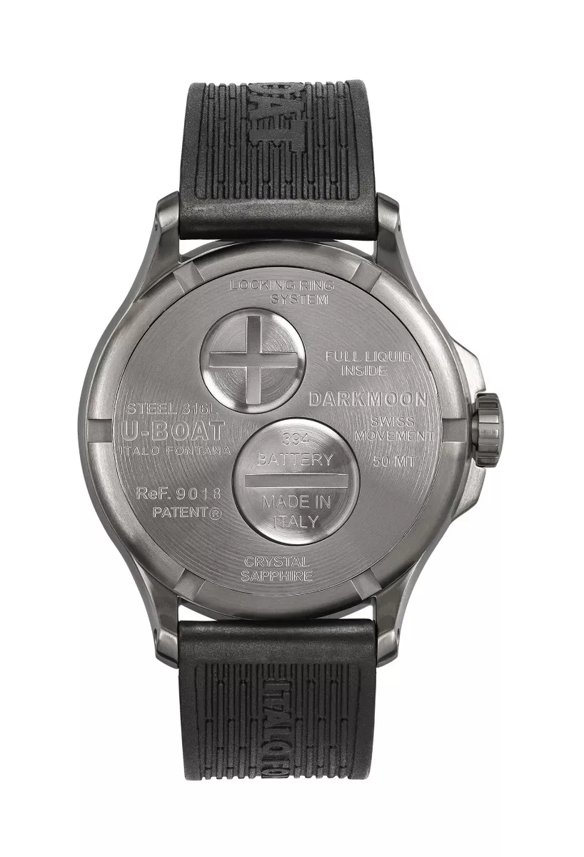Reloj U-Boat Darkmoon con caja de acero DLC negro y correa de caucho 9018 tras