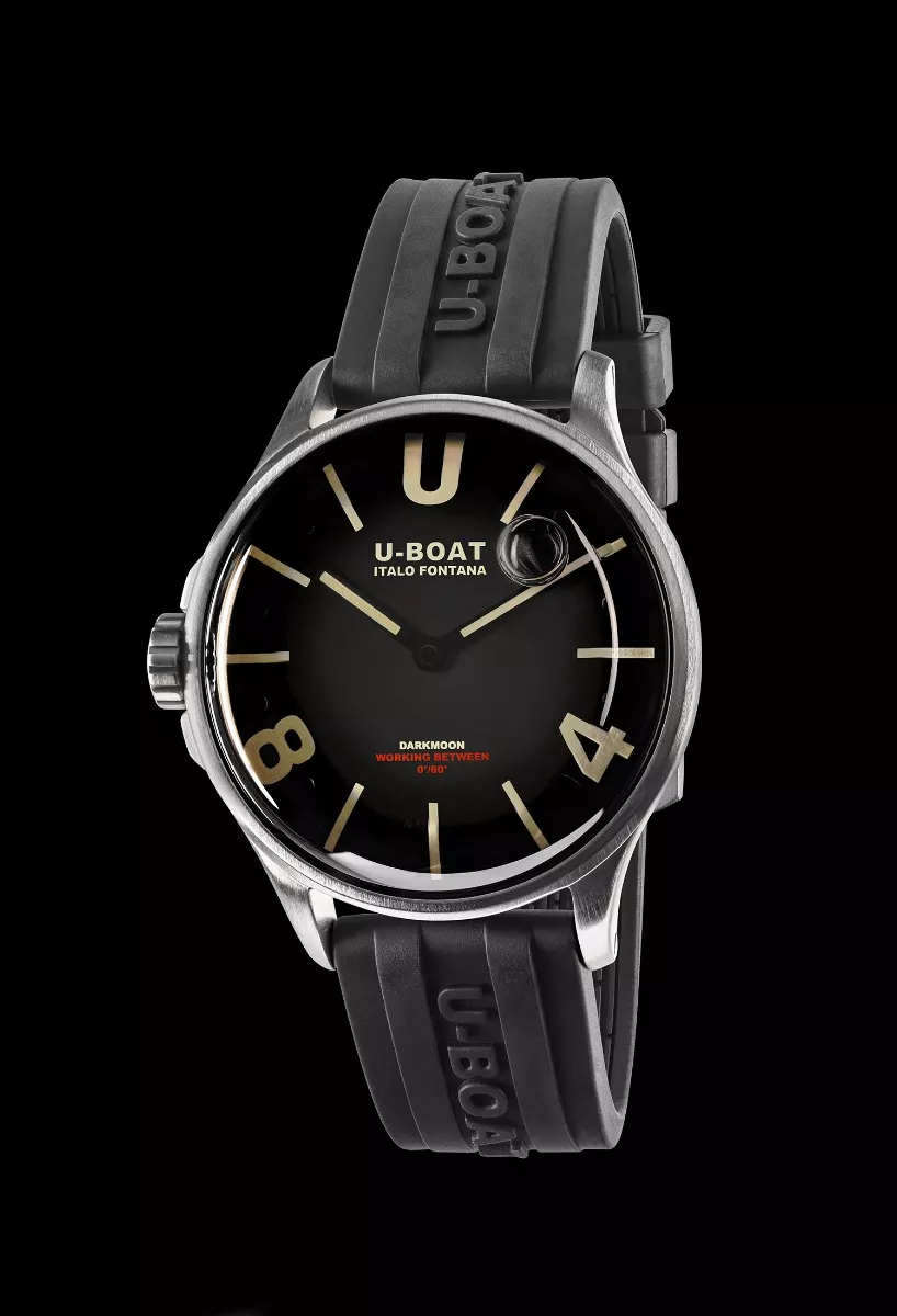 Reloj U-Boat Darkmoon con caja de acero DLC negro y correa de caucho 9018 fondo negro