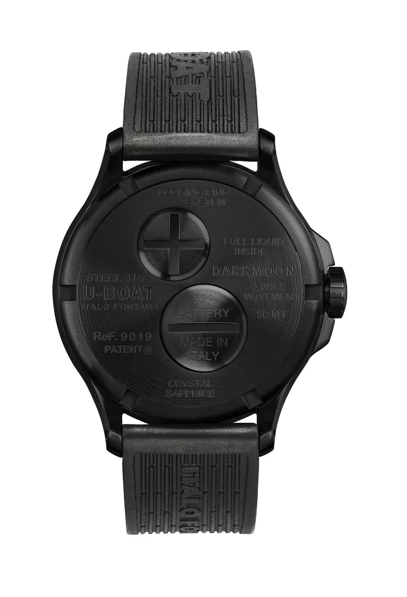 Reloj U-Boat Darkmoon con caja de acero DLC negro y correa de caucho 9019 tras