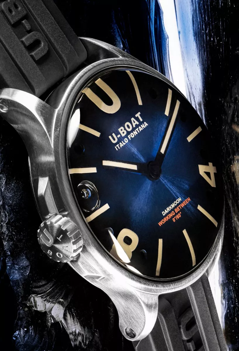 Reloj U-Boat DarkMoon Soleil con caja acero y correa de caucho, esfera azul 8704 detalle