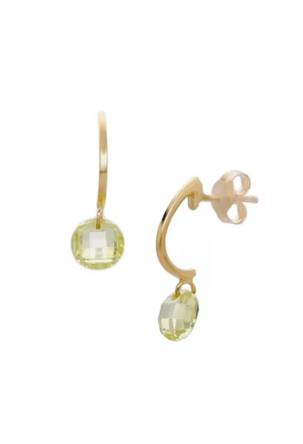 pendientes de oro amarillo 18 ktes con olivina fotografia de frente y de lado