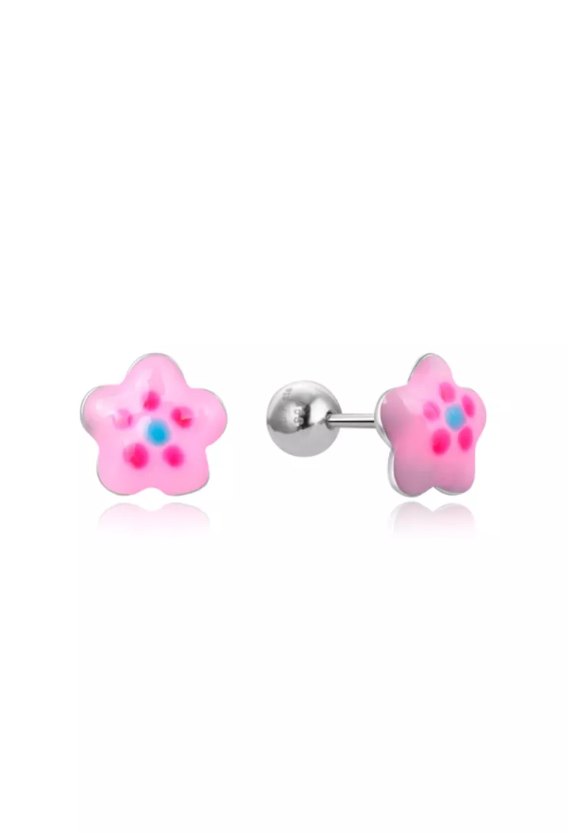 Pendientes de plata de ley con forma de flor esmaltada en rosa 280_2300047