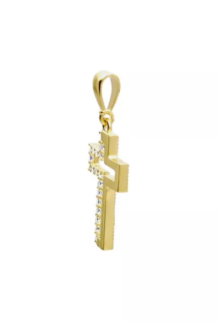 cruz de oro amarillo con circonitas vista lateral