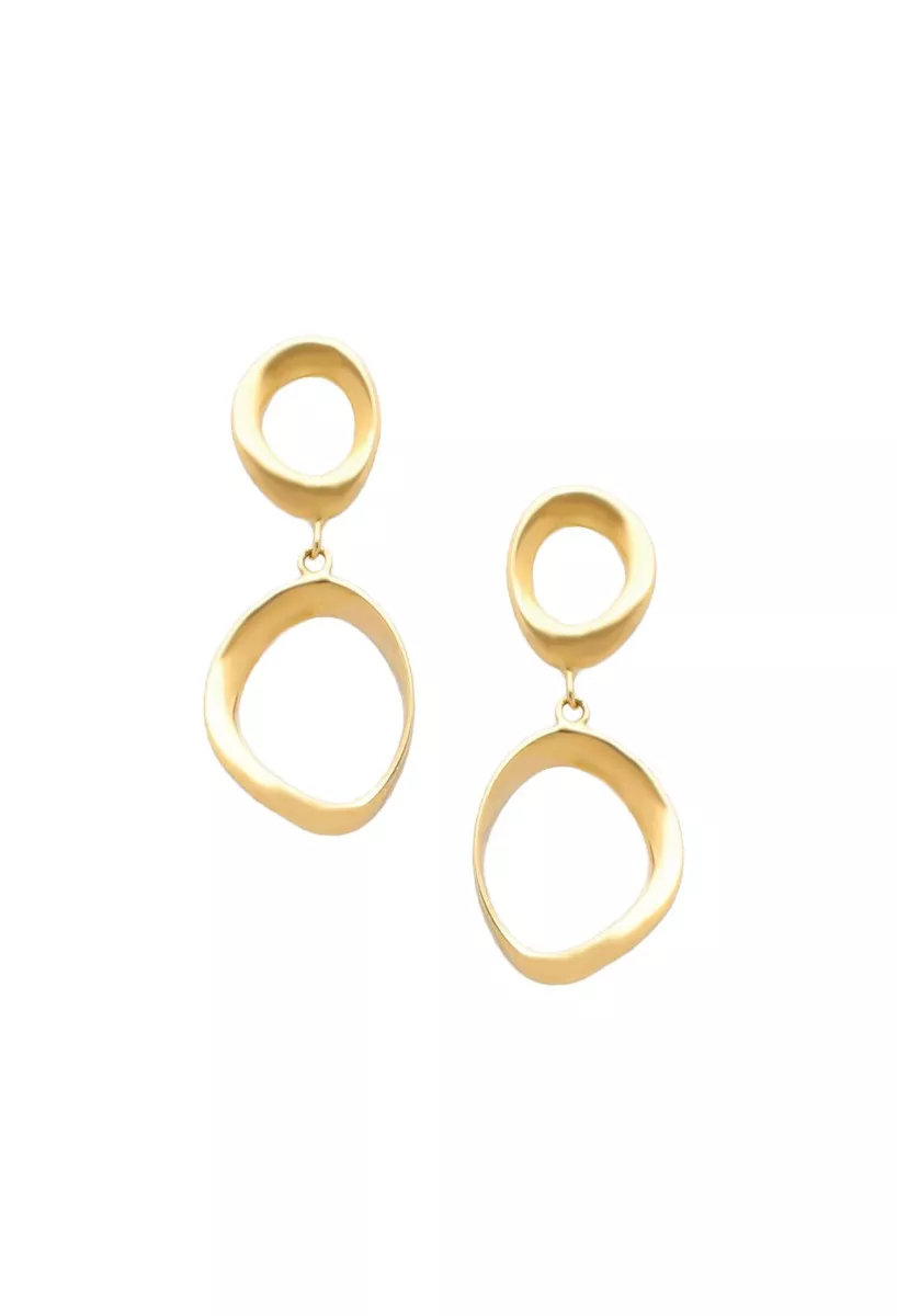 pendientes oro amarillo 18 ktes modelo largo dos ovalos irregulares vista frontal