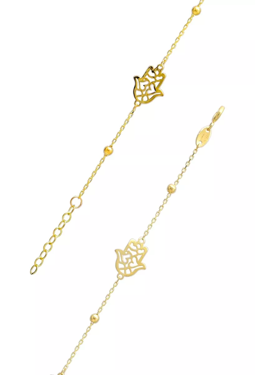 Pulsera oro 18 ktes cadena con entrepiezas Mano de Fátima, la pulsera que te embellece y que te protege, el regalo perfecto, cadena forzada con entrepiezas y cierre de seguridad foto detallada