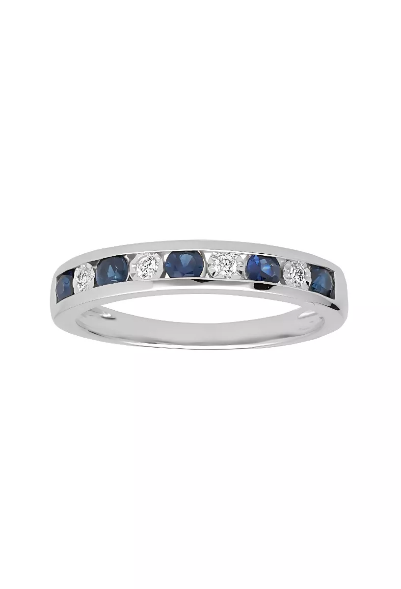 anillo media alianza de oro blanco 18 ktes con zafiros y diamantes fotografia frontal
