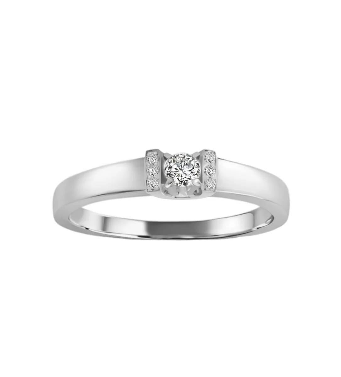 anillo de compromiso tipo solitario oro blanco 18 ktes con brillantes toma frontal