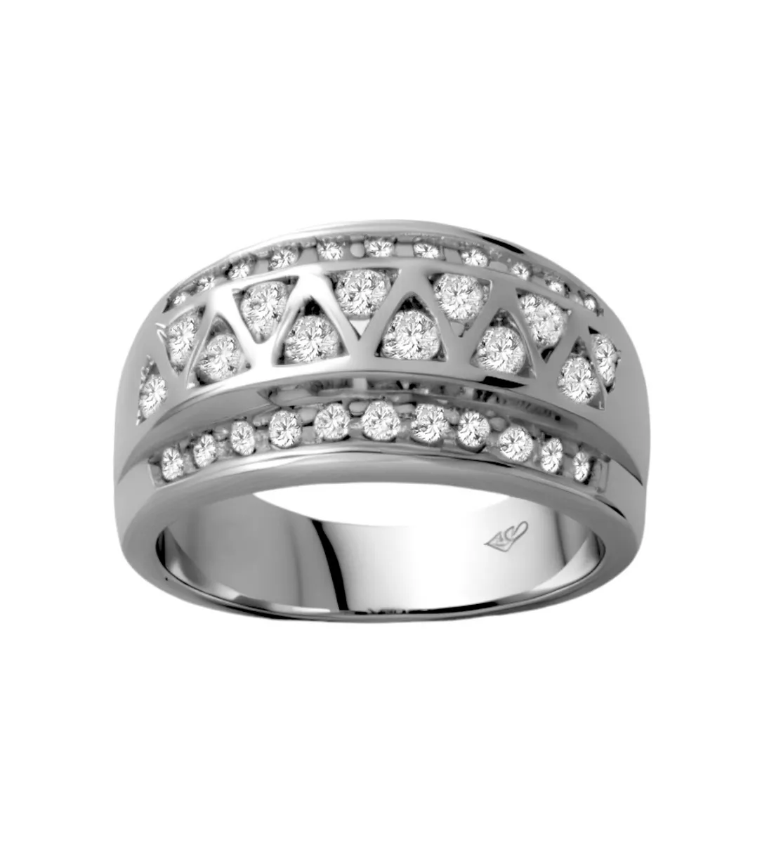 Anillo de oro blanco 18 ktes. con diamantes talla brillante dispuestos en greca, foto frontal.