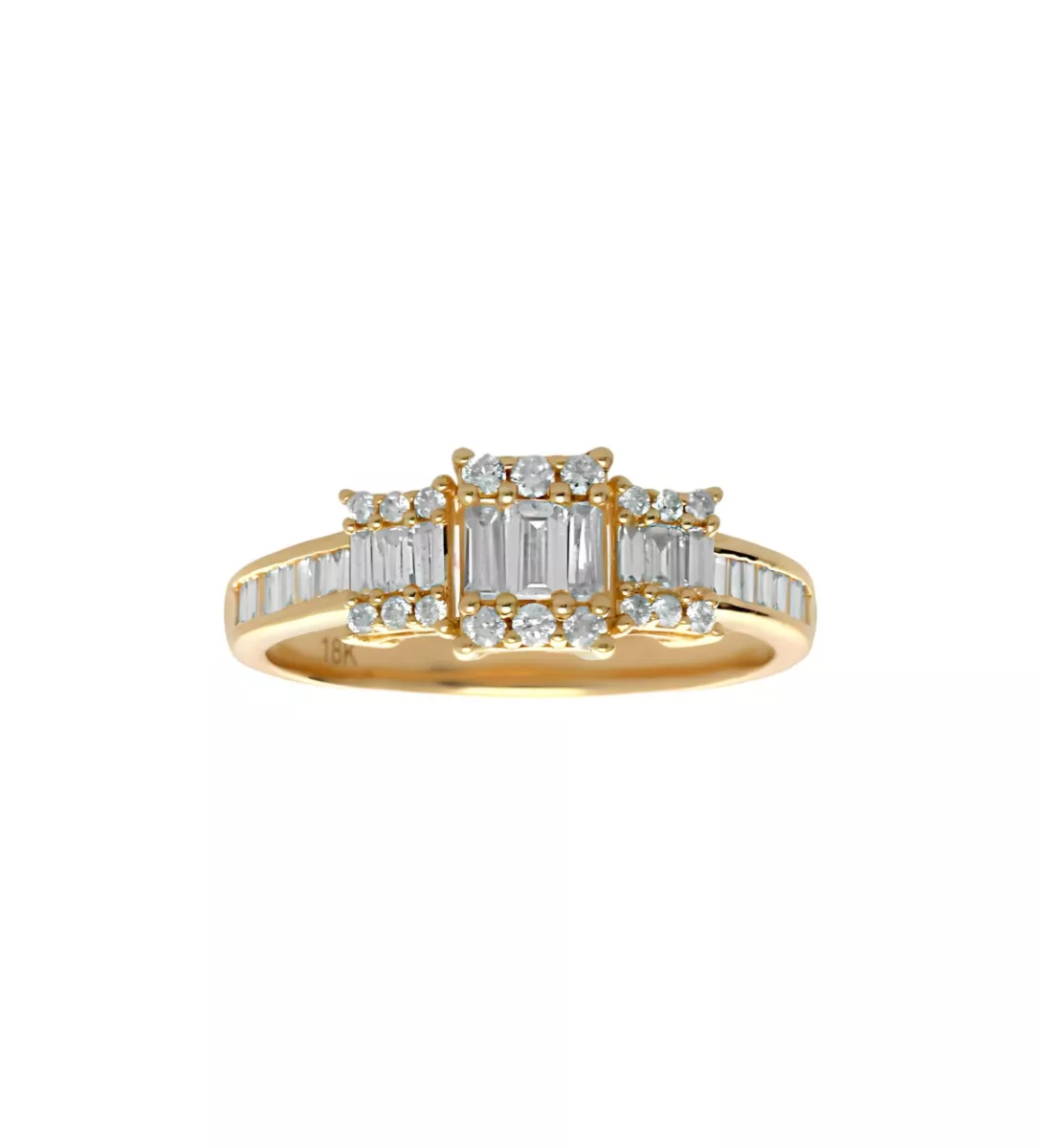 anillo oro amarillo 18 ktes con diamantes talla baguette y talla brillante vista frontal