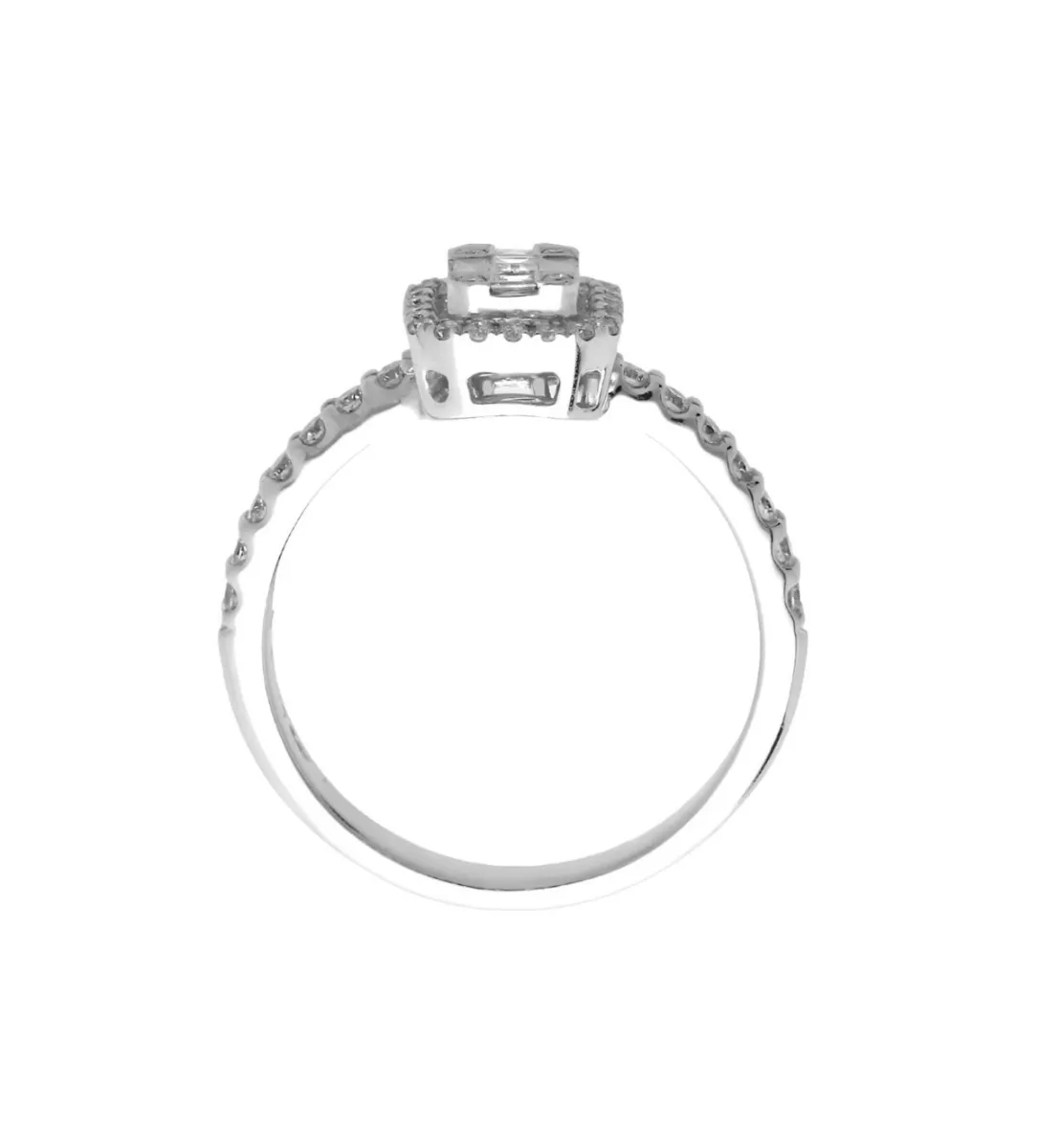 anillo de oro blanco 18k con diamante talla baguette y talla brillante vista cenital