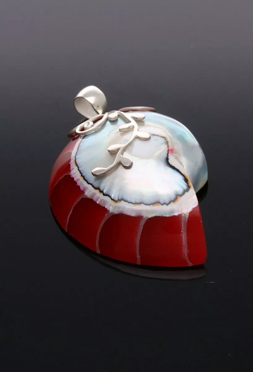 Colgante plata y resina tipo dije caracola tonos rojos y nácar 297_826126-1 fondo negro