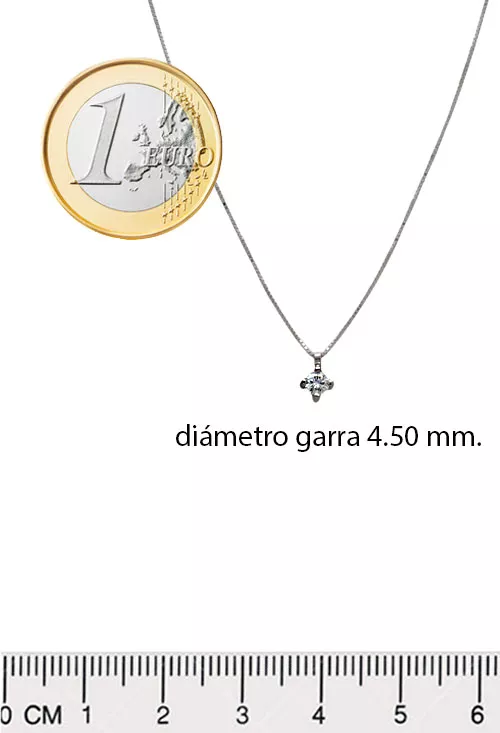gargantilla oro blanco 18 ktes con diamante talla brillante engastado en garra de 4 patas vista con medidas