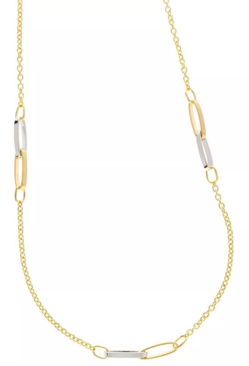 gargantilla oro bicolor 18 ktes cadena eslabones forzados y entrepiezas asas enlazadas vista sobre base