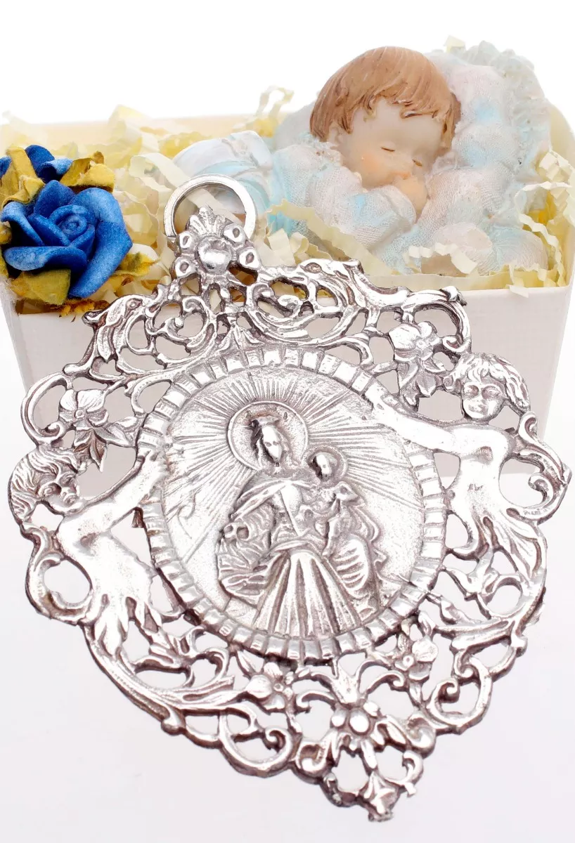 Medalla de cuna de la virgen del Carmen en plata de ley 297_870572 montaje