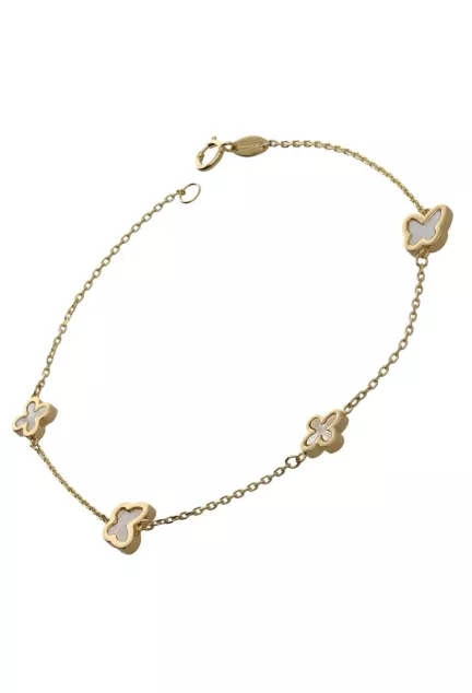 Pulsera de oro amarillo 18 ktes y nacar, entrepiezas mariposas y cruces foto principal