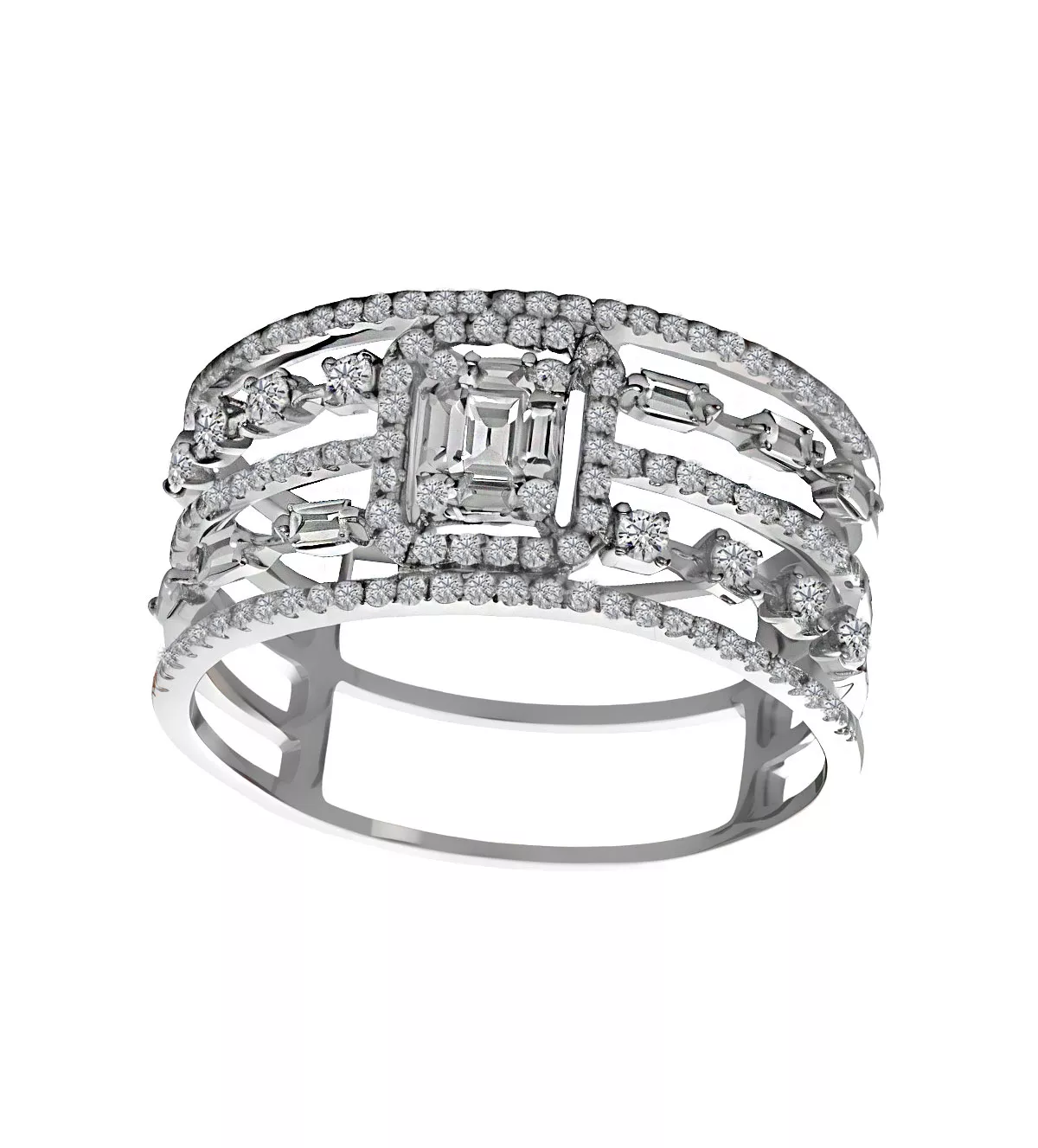 anillo de oro blanco con diamantes talla brillante y baguettes