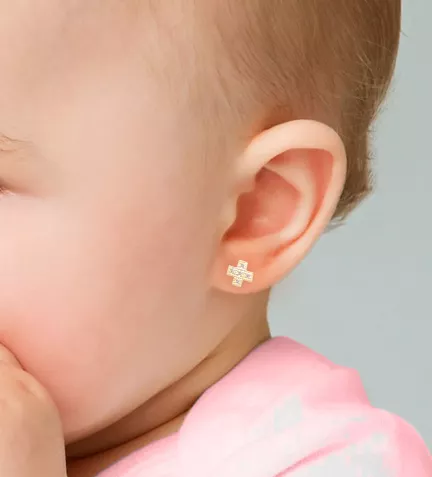 pendientes de bebe oro 18k forma de cruz foto modelo bebe