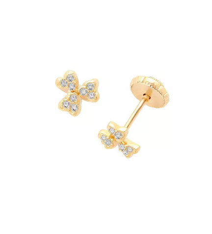pendientes de bebe oro 18k y circones toma lateral y frontal
