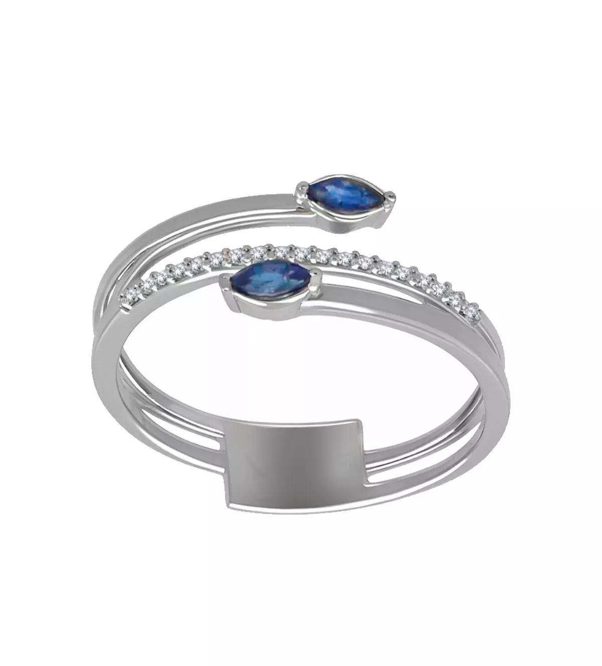 Anillo de oro blanco 18K diamantes y zafiros marquis