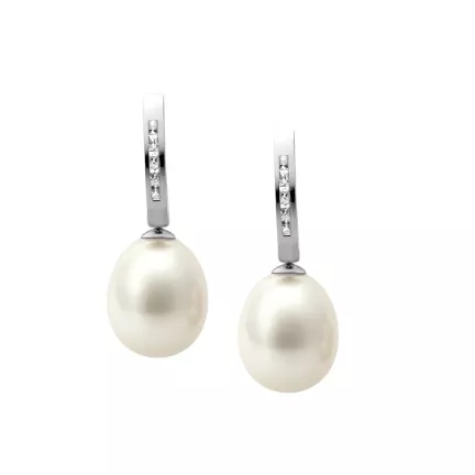pendientes de oro blanco 18k con circones y perlas cultivadas