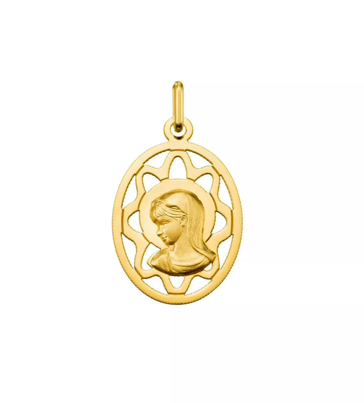 medalla religiosa de oro virgen niña ovalada y calada