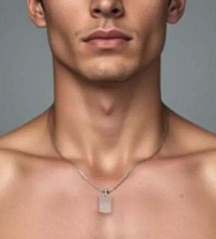 chapa de plata de identidad vista con modelo masculino