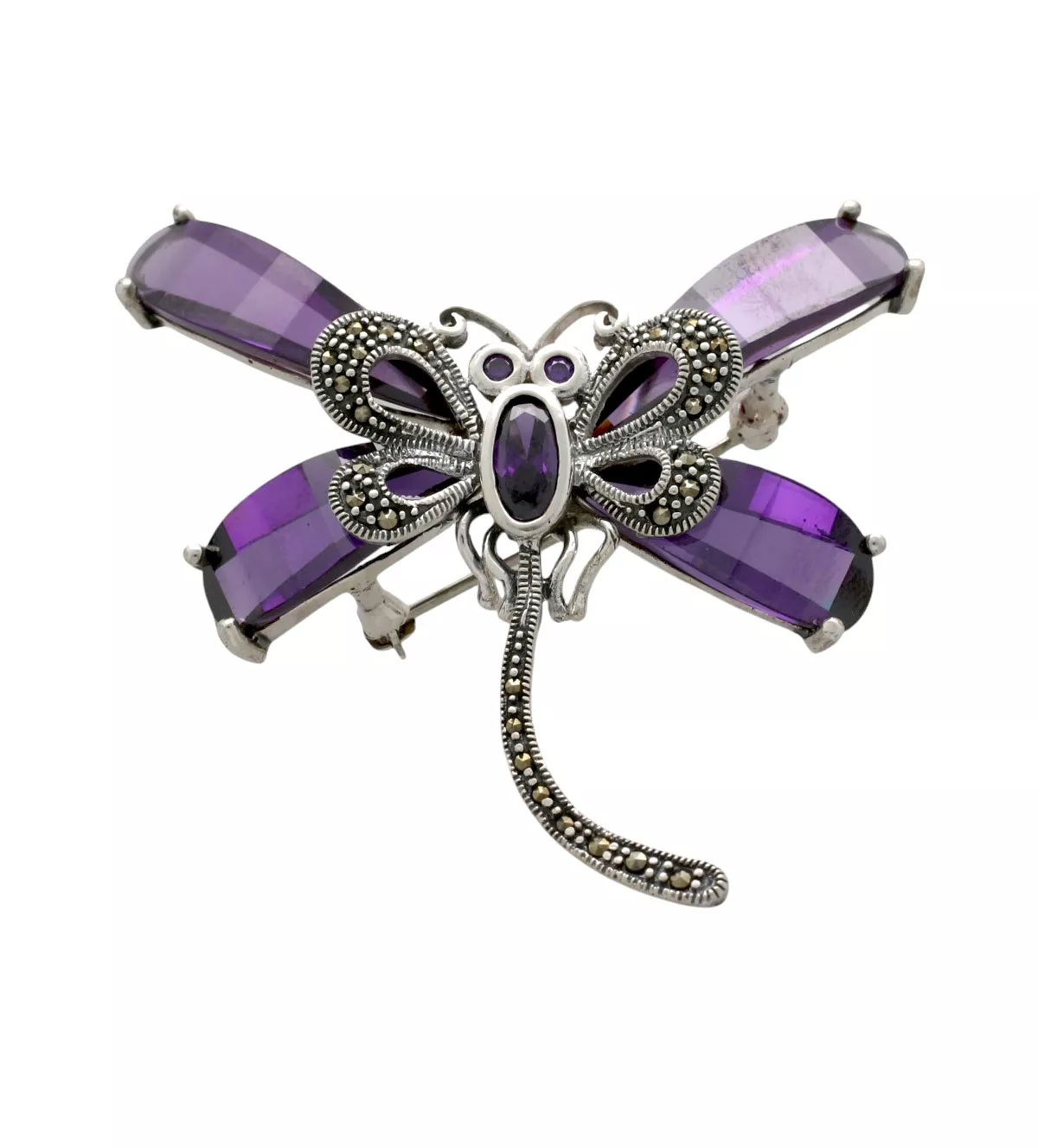 broche de plata para solapa libelula alas moradas
