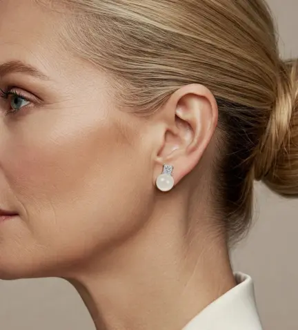 Pendientes de plata con perlas cultivadas de 11 mm y circones brillantes. Diseño pendientes de plata con perlas cultivadas 280_2025069 foto con modelo