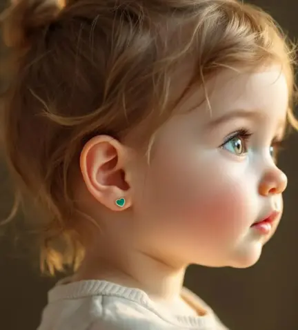 pendientes de bebe oro 18 ktes y malaquita forma de corazon para bebe o ninas foto con modelo