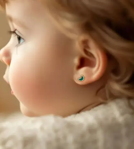 pendientes de bebe oro 18 ktes forma de media luna con malaquita foto con modelo bebe