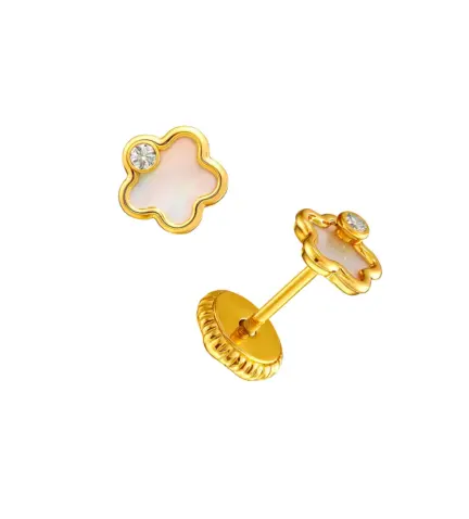 pendientes de oro 18k con nacar y circon forma flor