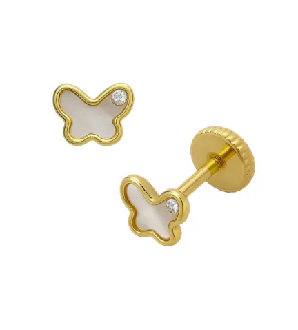 pendientes de oro 18k con nacar y circon forma de mariposa