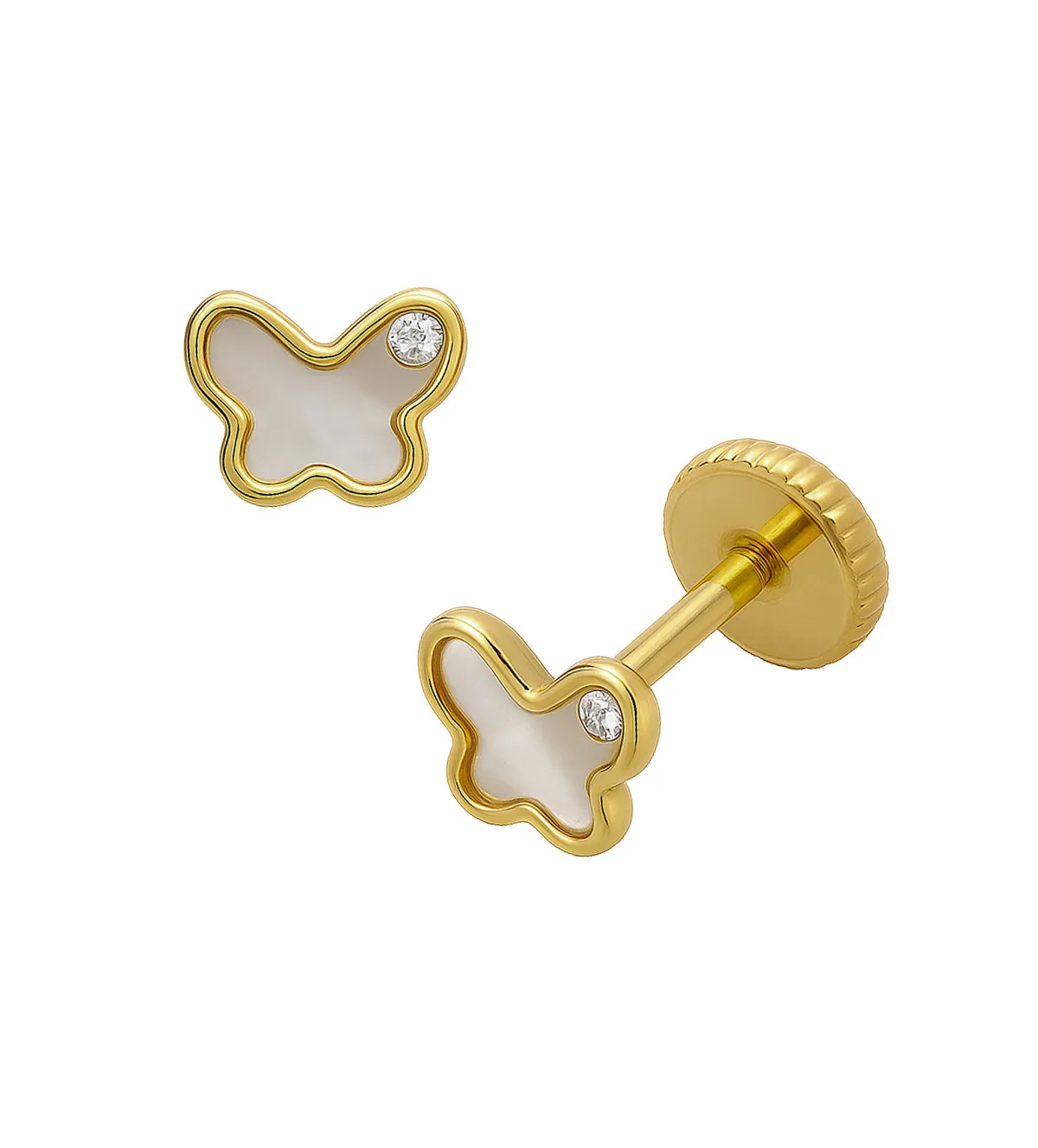 pendientes de oro 18k con nacar y circon forma de mariposa