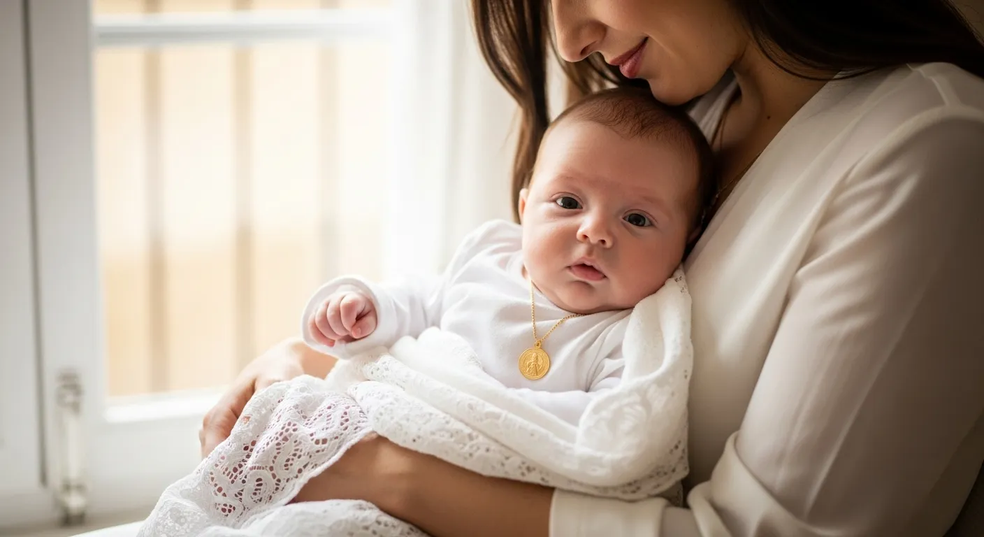 Medallas religiosas de bautizo en oro 18k un amuleto eterno para el primer dia especial4